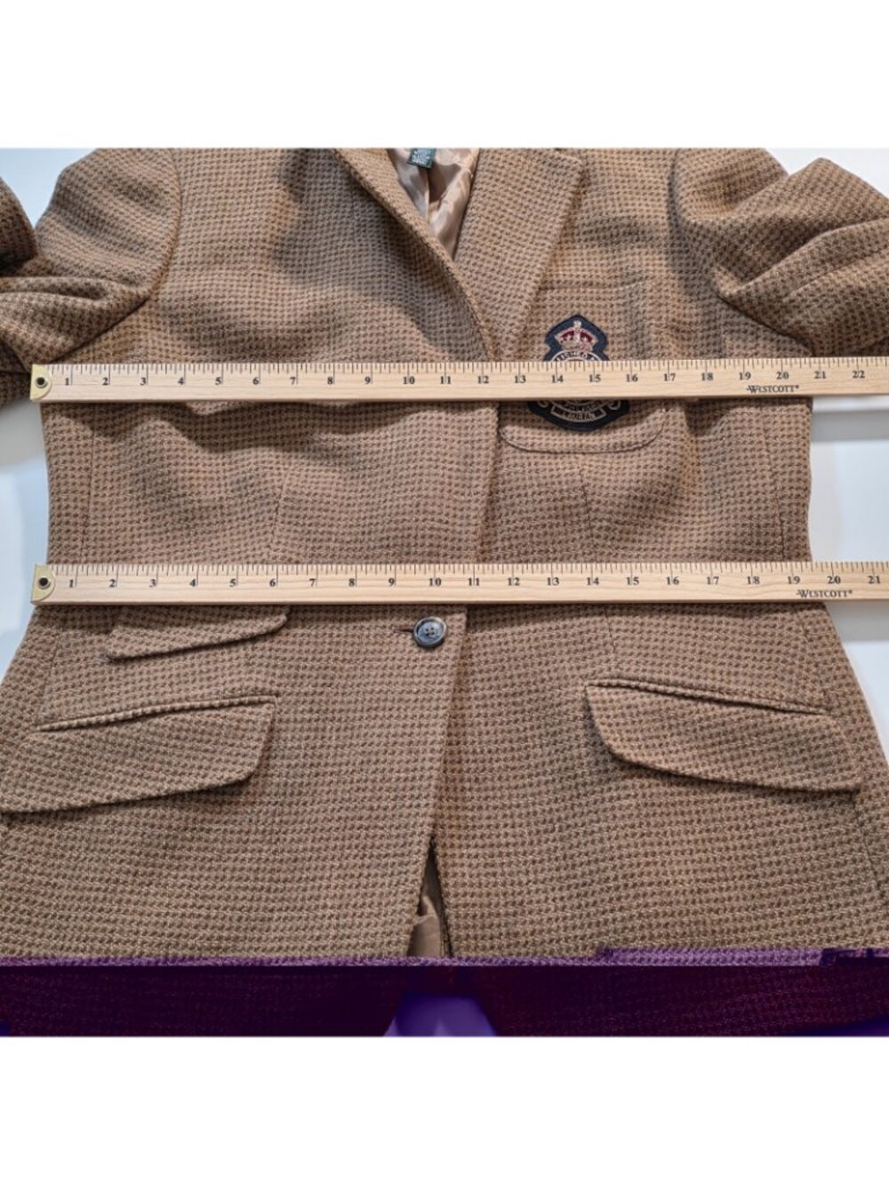 Lauren Ralph Lauren Tweed Crested Blazer Women US 16 Tan Houndstooth Wool Preppy - Picture 6 of 16